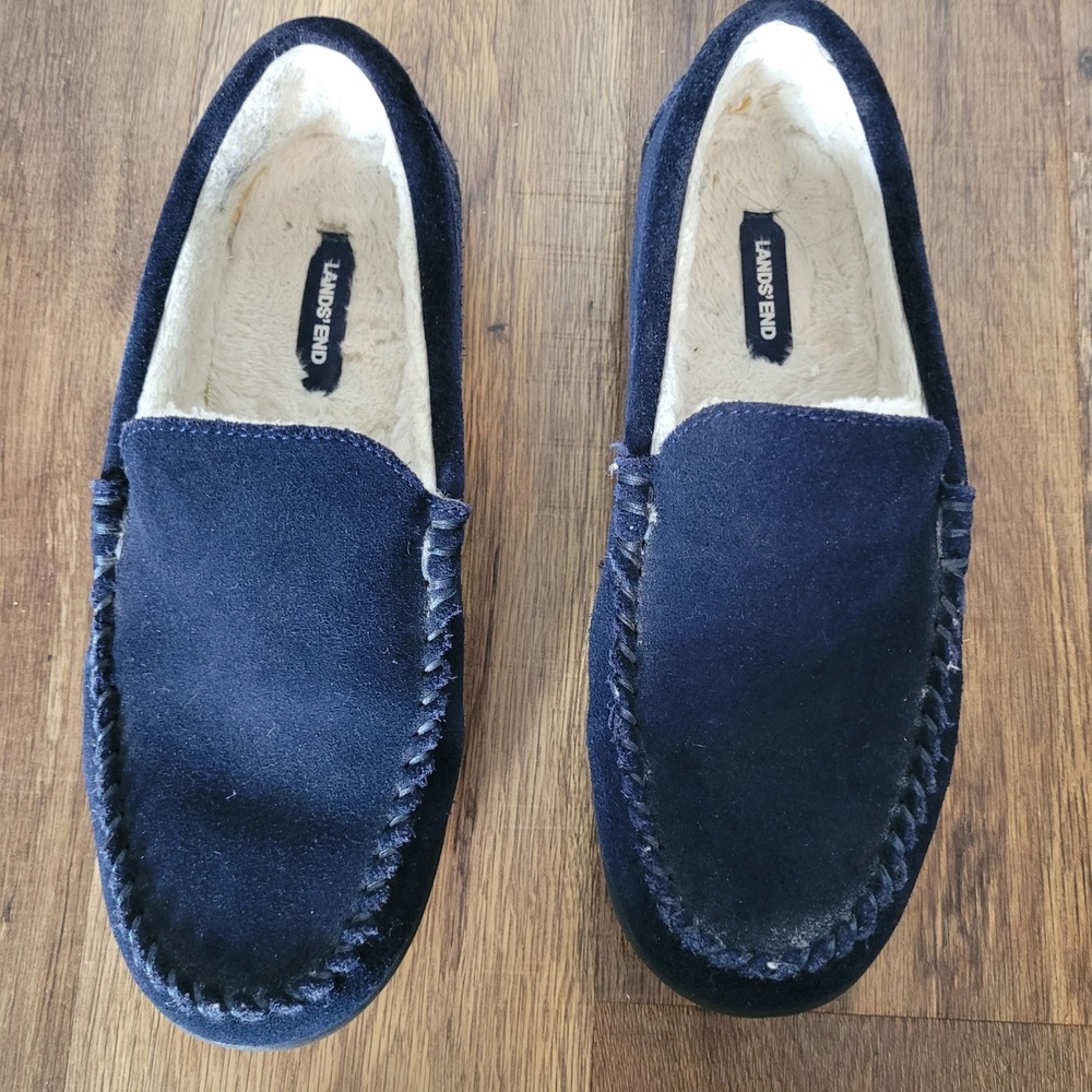 Lands End Mens Suede Moc Slippers Navy Blue Faux Shearling Lined Size 10